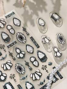 1pc Warm Whrite Gemstone Metallic Nail Art Sticker, 3D Embossed Vintage Palace Style Jewel Metal Texture Nail Decals, Self-Adhesive Reusable Nail Stickers For DIY Autumn/Winter Nail Art, Elegant Luxury Nail Jewelry, Refined Accessory Gift