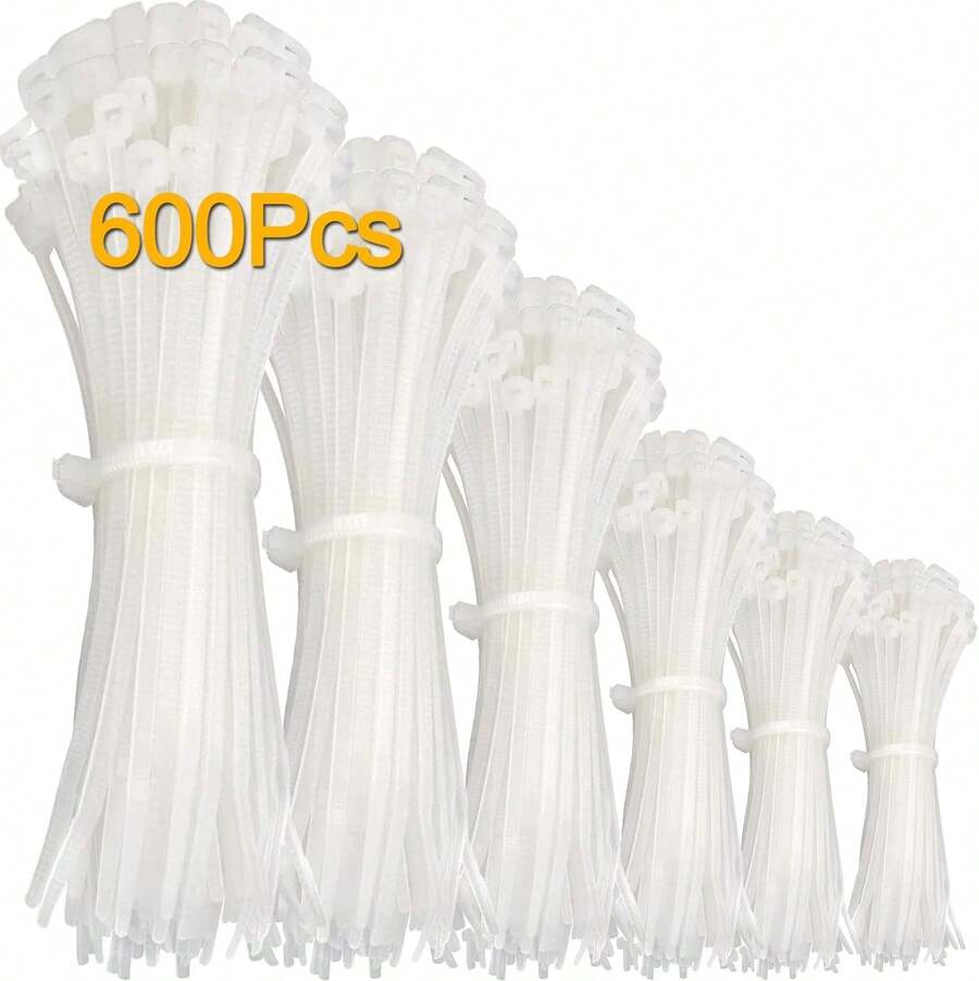 600PCS Cinchos de Plastico, Bridas de Plastico Autobloqueantes-10/12/15/20/25/30cm, Ancho 3.6mm-Organizador de Cables Cintillos Plástico Superduraderos para Oficina, Hogar, Exteriores(Blanco) - Blanco - Ver 1