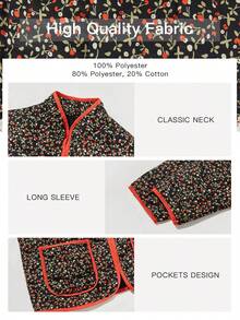 Women's Quilted Lightweight Open Front Jacket - Retro Casual | Floral Print, Contrast Trim Detail, Puff Sleeves, Patch Pockets, Relaxed Fit - Spring & Early Winter Stylish Wear - Black - View 5