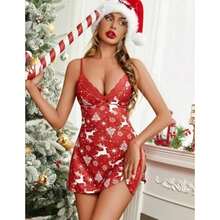 - Lencería para mujer, con tirantes delgados, camisón de babydoll(M Navidad) - Multicolor - Ver 6