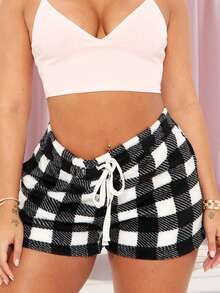Womens Plaid Shorts Casual Elastic Waist Drawstring Mini Lounge Shorts With Pockets For Daily - Negro - Ver 5