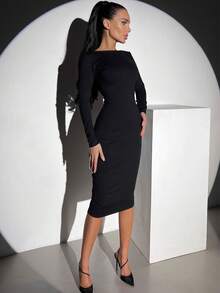 Women's Fashion Long Sleeve Bodycon Dress Midi Deep V Backless Faux Pearl Embellished Black Party Dress Sexy Night Out Birthday Evening Cocktail Dress Spring Summer New Wedding - Black - View 5