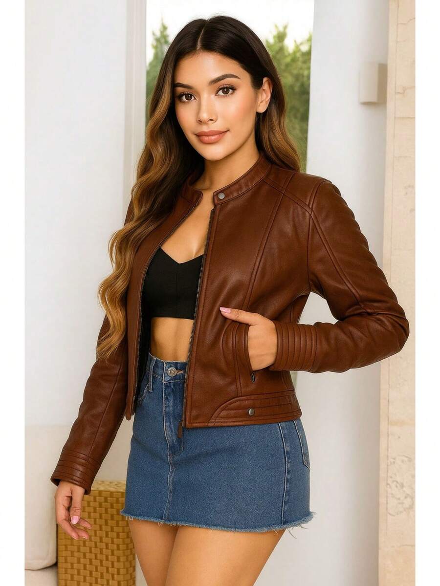 Women's Elegant Fitted Leather Jacket, Casual, PU Leather, Zipper, Night/Daily, Winter - Rỉ Nâu - Xem 1