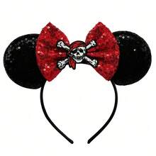 Disney 1件闪亮卡通加勒比海盗骷髅主题大耳朵亮片发箍，女士城堡游乐园装饰发饰，学生派对服装头饰 - 黑色 - 查看 1