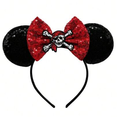 Disney 1pc Shiny Cartoon Caribbean Pirate Skull Theme Big Ear Sequin Headband, Women's Castle Amusement Park Decoration Hair Accessory, Student Party Costume Headpiece