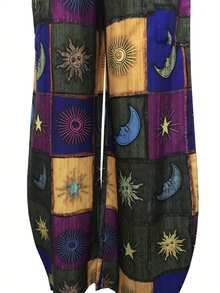 Sun & Moon Print Wide Leg Pants, Casual Elastic Waist Pants With Pocket, Women's Clothing - 彩色 - 查看 5