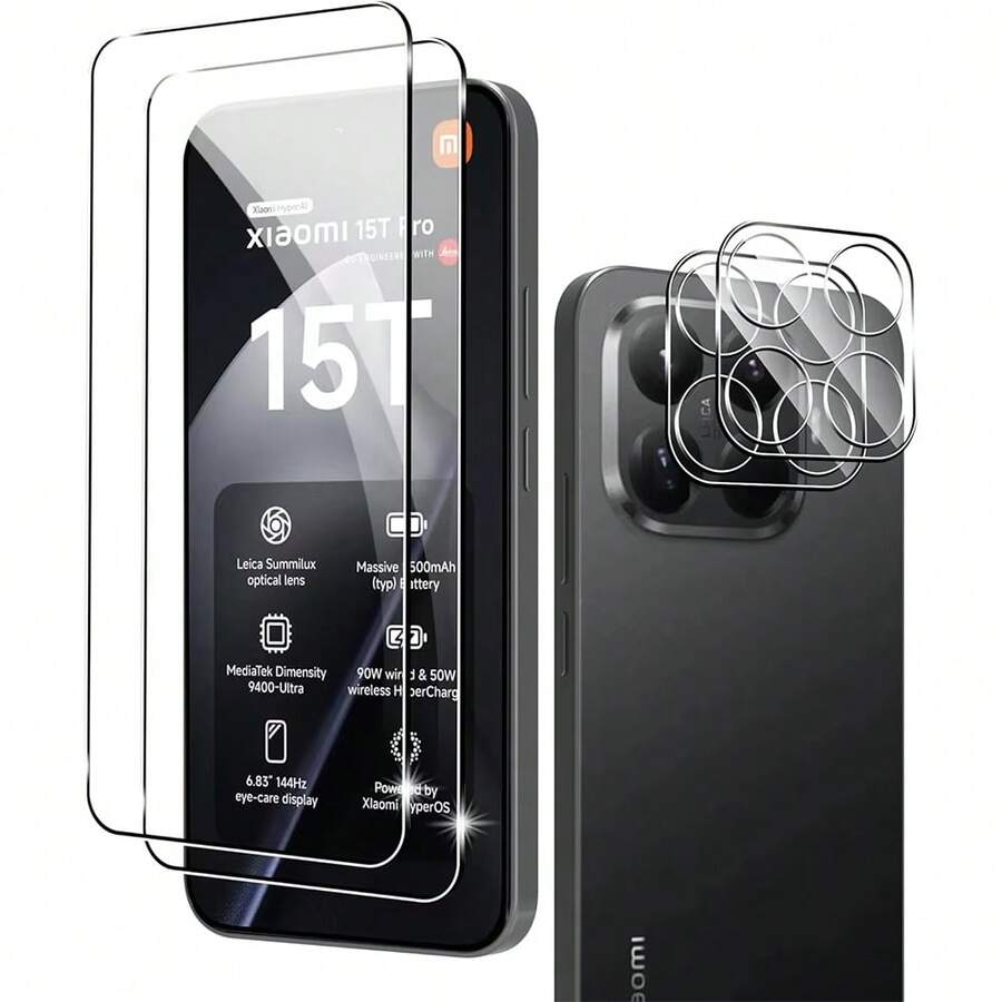 Set 4 buah untuk Xiaomi 15T/15T Pro, termasuk 2 buah pelindung layar kaca tempered 9H + 2 buah pelindung lensa kamera kaca tempered, anti gores, film pelindung kamera sablon hitam transparan 3D definisi tinggi.