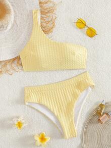Women's Casual Elegant One Shoulder Backless High Slit Yellow Bikini Set, Beach Vacation Summer - Yellow - View 3