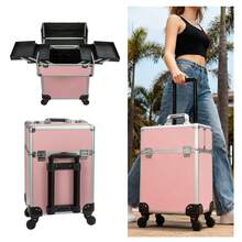 Multi-Tier Aluminum Makeup Trolley – Portable Rolling Cosmetic Organizer With Lockable Design, Detachable Beauty Box - Pink - View 3