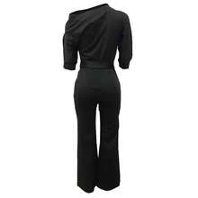 Solid Asymmetrical Neck Belted Jumpsuit - Black - View 2