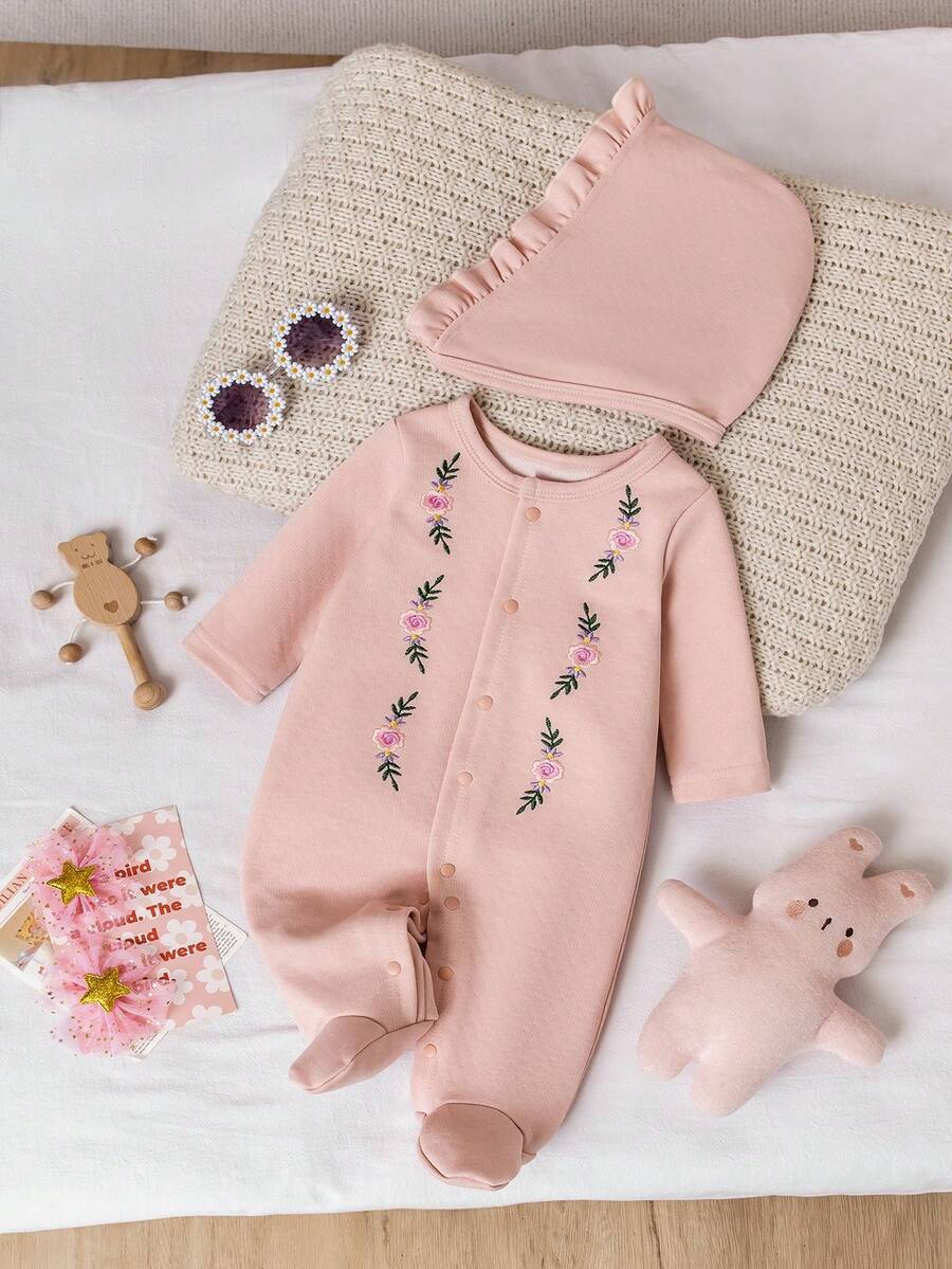 女婴可爱刺绣纽扣装饰长袖连体衣 + 可爱帽子