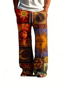 Men's Bohemian Print Full-Body Sun & Moon Design Wide-Leg Pants - Elastic Drawstring Waist & Side Pockets, Loose-Fit Winter Warmth, Vibrant Brown/Orange/Blue/Golden/Black/Red/Beige Tapered Leg Trousers For Casual & Formal Outfits, Machine Washable - Ideal For Home & Wear, Relaxed Fit With Cultural & Bohemian Style, Digital Print Fabric, Suitable For Autumn/Winter Use, Pants For Men, Suit For Men, Men Pants, Baggy Pants Men, Baggy Pants For Men, Trousers For Men, Fall Coat, - 彩色 - 查看 3