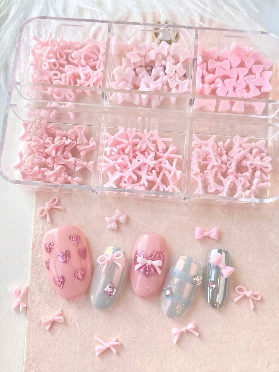 6格可爱粉色迷你蝴蝶结美甲装饰组合盒，打造少女美甲饰品DIY美甲用品 - 粉色 - 查看 1