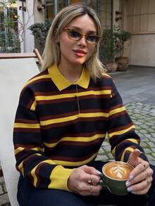 HH Women's Spring Colorblock Striped Knit Pullover, Women's Loose Fit Turtleneck Long Sleeve Sweater, Retro Fashion Top - 黃色 - 查看 3