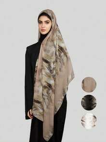 1件装女士时尚波西米亚水墨画棕色大理石纹印花面纱头巾，休闲街头风日常佩戴头巾 - 彩色 - 查看 1