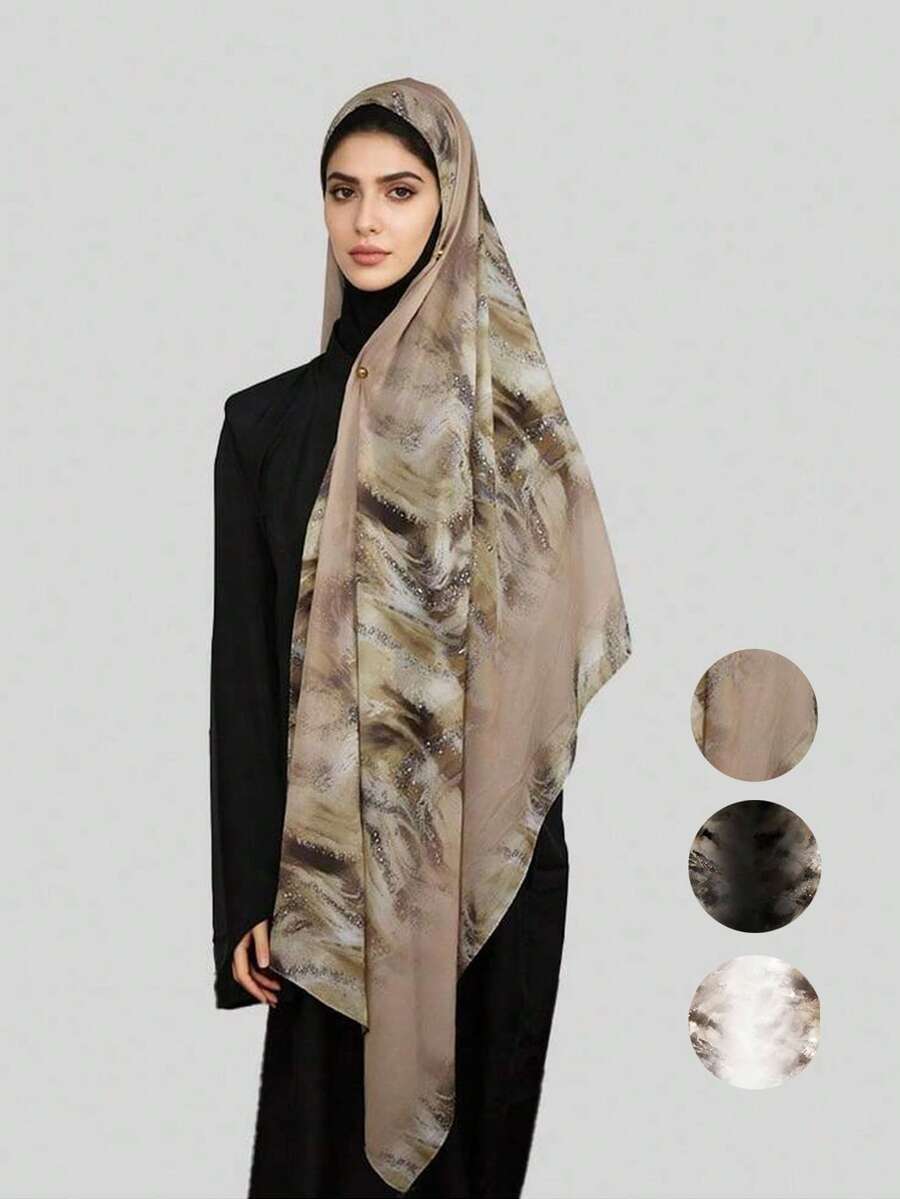 1件装女士时尚波西米亚水墨画棕色大理石纹印花面纱头巾，休闲街头风日常佩戴头巾 - 彩色 - 查看 1