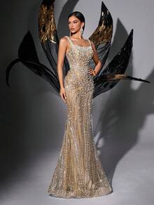 Sequin Beaded Backless Sleeveless Mermaid Dress - Apricot - View 6