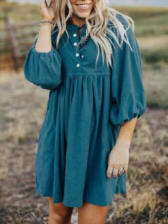 Corduroy Snap Buttons Empire Waist Bracelet Sleeve Dress