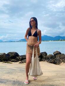 Women's Large Crochet Beach Bag, , With Shoulder Strap, Knitted, For Pool, Summer. - Beige - View 3