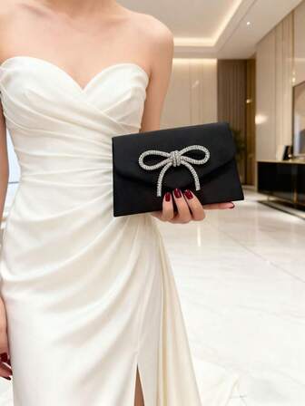 黑色迷你丝绒手提包，闪亮水钻蝴蝶结装饰，女士晚宴手拿包，带链条，适合派对和婚礼场合