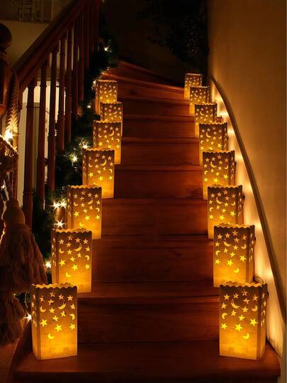 20 piezas/Set Bolsas de Farolillos, incluye velas sin llama, luces LED tipo té y bolsas de papel para farolillos, bolsas de farolillos especiales decoradas con patrones de estrellas y lunas, hechas de material retardante de llama duradero y reutilizable, adecuado para decoración de fiestas de Ramadán, bodas, Día de San Valentín, decoración de jardín al aire libre.