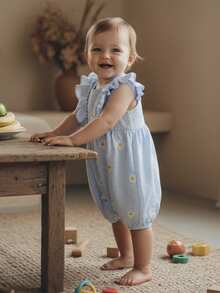 Newborn Baby Girl Summer Clothes Daisy Flying Sleeve Jumpsuit Romper Ruffle Onesie Infant Outfit 3 6 12 18 Months,Baby Girl Striped Clothes - 藍色 - 查看 3