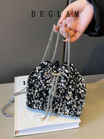 1pc Chain Drawstring Closure PVC Sequin Shiny Bucket Bag, Metal Pearl Decor Glitter Colorful Women's Evening Party Shoulder Crossbody Lipstick Pouch, Fashion Gift Bag Suitable For Women's Party And Evening Wear