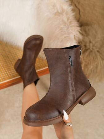 Women's Boots Ankle Boots, Back Zipper And Thick Sole - Round Toe Casual All-Season Boots, Suitable For Casual Outfits, Comfortable Footwear, Fashionable Boot Design, Durable Rubber Sole