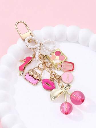 1件优雅女士合金钥匙扣，包含甜美高跟鞋、香水、樱桃、蝴蝶结、蘑菇、包包挂饰、珍珠链，可DIY女孩包包吊坠、汽车钥匙链，情人节礼物