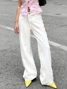 Women's Long Straight-Leg Jeans, Made Of Non-Stretch Fabric, With Button And Zipper Design, A Versatile Autumn Style For Commuting. - trắng - Xem 9
