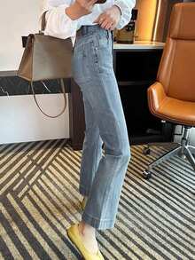 女士高腰喇叭牛仔裤，弹力面料，显瘦，秋季新款休闲款 - 淺色水洗藍 - 查看 1