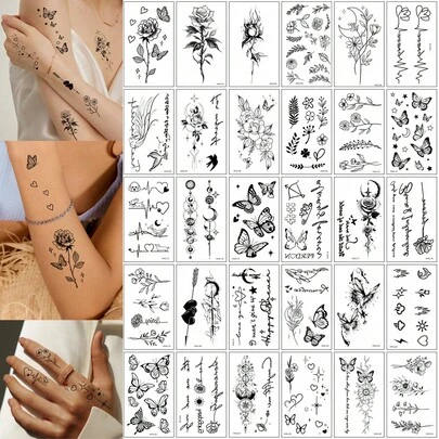 30 قطعة وشم مؤقت صغير بتصميم أسود مقاوم للماء، أشكال فراشة وسماء مليئة بالنجوم وزهور وقلوب، مناسبة للرجال والنساء، وشم مؤقت للاستخدام على اليد والساق والذراع والوجه والأصابع والرقبة والجسم