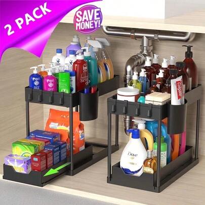 Maximize Under-Sink Space - 2-Tier Sliding Organizer With Hanging Hooks