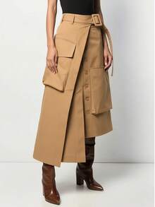 Women's Casual Solid Color Asymmetric Cargo Skirt
