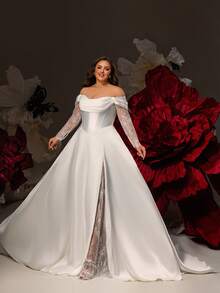 华丽大码露肩开衩大腿缎面撞色蕾丝婚纱 - 白色 - 查看 7