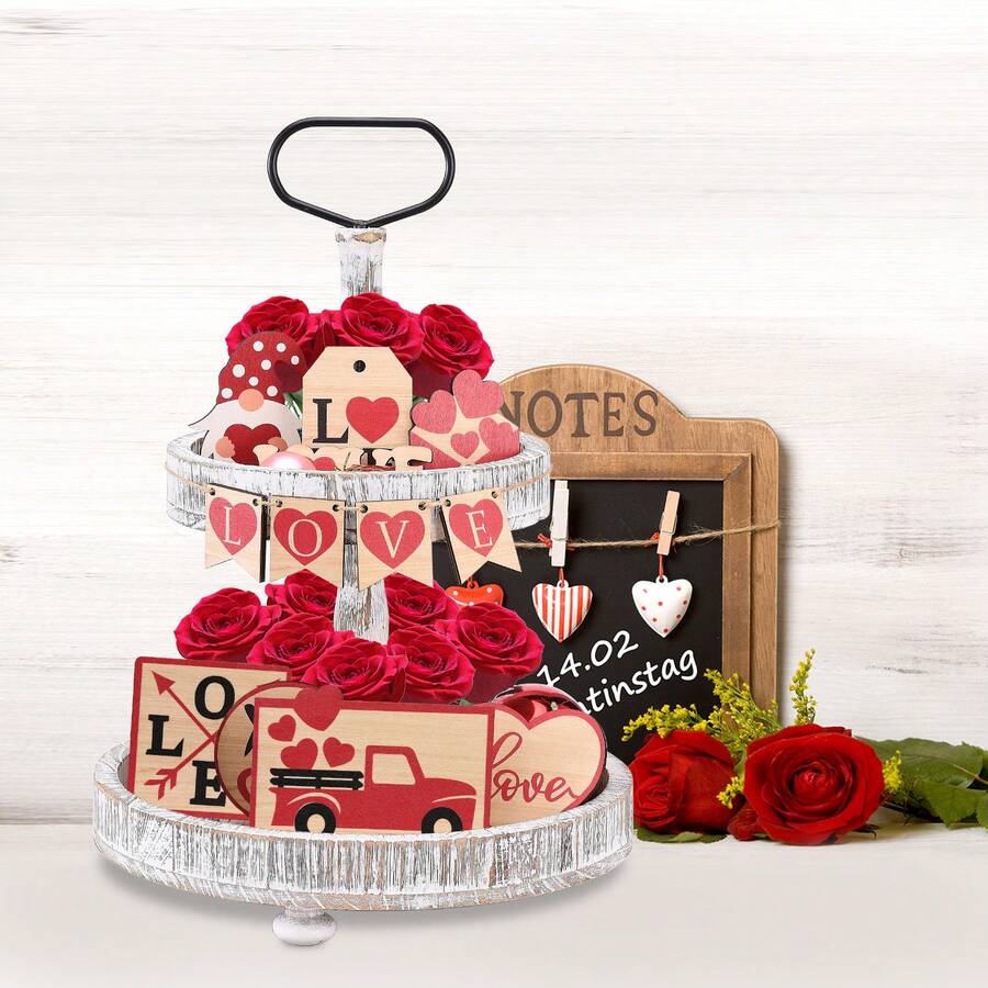 Bandeja Escalonada Con Temática De San Valentín, Adorno De Madera En Forma De Corazón, Decoración De Escritorio Romántica Con Temática Amorosa En Forma De Corazón, Adorno Para Bandeja - Rojo - Ver 1