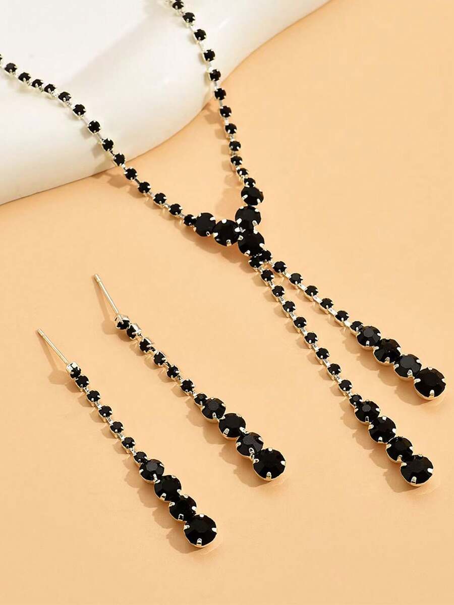 3pcs Elegant Bridal Cubic Zirconia Teardrop Tassel Necklace And Earrings Jewelry Set