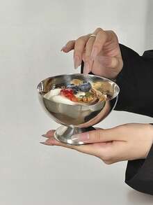 1pc Stainless Steel Dessert Bowl, Ice Cream Cup, Yogurt Cup, Fruit Bowl, Milkshake Glass, Pudding Round Bowl, Ins Style - Silver - View 6