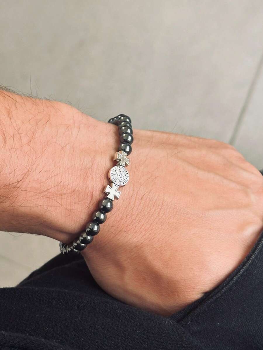 Men's Bracelet With Saint Benedict Hematite, Natural Stones, Adjustable Elastic Band - Negro - Ver 1