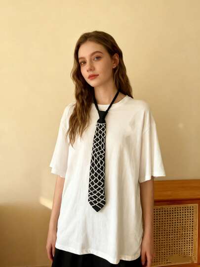 DEKUNER 1 Pc Unisex Black Tie With Faux Pearl Openwork Embellishment – Stylish Statement Accessory, Ideal For Formal Events, Business Occasions & Fashionable Outfits