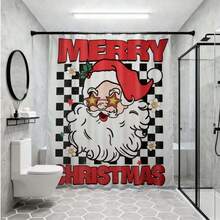 1 件复古红黑格子圣诞老人涤纶浴帘 - 防水防霉，印有“圣诞快乐”字样 - 节日浴室装饰