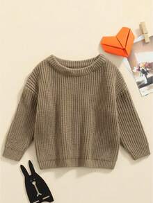 Suéter de punto para bebé niña y niño, jersey de cuello redondo de manga larga de color liso para otoño e invierno - Caqui - Ver 1