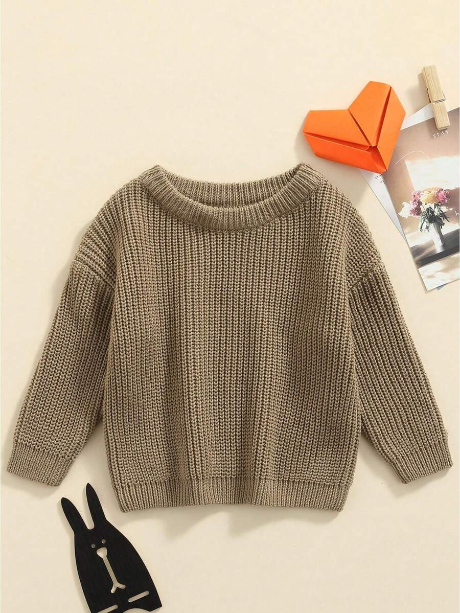Suéter de punto para bebé niña y niño, jersey de cuello redondo de manga larga de color liso para otoño e invierno - Caqui - Ver 1
