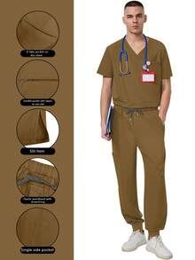cimmuovere Men's Zip V-Neck Short Sleeve Multi-Pocket Top And Solid Scrubs Pants, Medical/Nursing/Healthcare/Dental/Veterinary/Laboratory Uniform Set