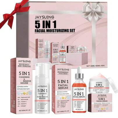 Set de 5 en 1 para Hidratación Facial: Espuma Limpiadora, Esencia Facial, Crema Facial para Hidratar, Humectar, Mejorar, Aclarar, Iluminar y Firmar la Piel