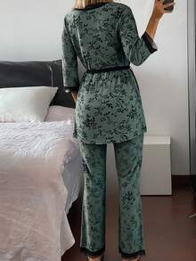 Women Lace Trim Floral Print 3-Piece Pajama Set: 3/4 Sleeve Robe, Camisole, And Pants, Casual Sleepwear - White - View 1