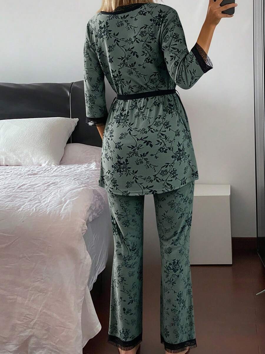 Women Lace Trim Floral Print 3-Piece Pajama Set: 3/4 Sleeve Robe, Camisole, And Pants, Casual Sleepwear - White - View 1