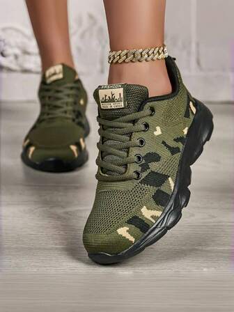 Unisex Lightweight EVA Outsole Comfortable Non-Slip Breathable Knit Sneakers, Women's Fashion Versatile Breathable Camouflage Casual Sports Shoes, Running Shoes, Walking Shoes, Lace-Up Lightweight Road Running Shoes
