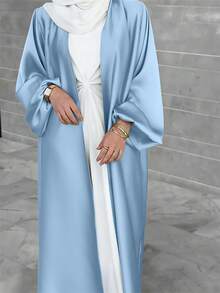 Damen einfarbiger eleganter Satin Puffärmel Abaya Robe Cardigan + Gürtel, ohne Kopftuch und Innenschicht - Himmelblau - Übersicht 4