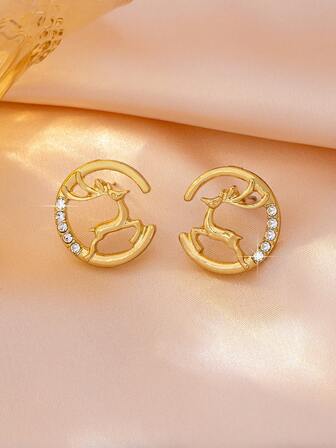 一对金色鹿形水钻耳环，时尚几何未来主义装饰耳环，优雅欧式风格耳环，适合办公室女士佩戴